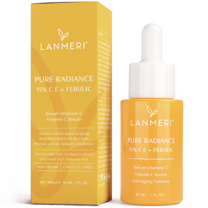 Lanmeri Vitamin C Face Serum 2 Pack- CE Ferulic Facial Serum with 15% Pure L-Ascorbic Acid, Ferulic Acid, Vitamin E, & Hyaluronic Acid - Anti Aging, Anti Wrinkle Skin Brightening Serum, Dark Spot Corrector, 30ml/1oz.